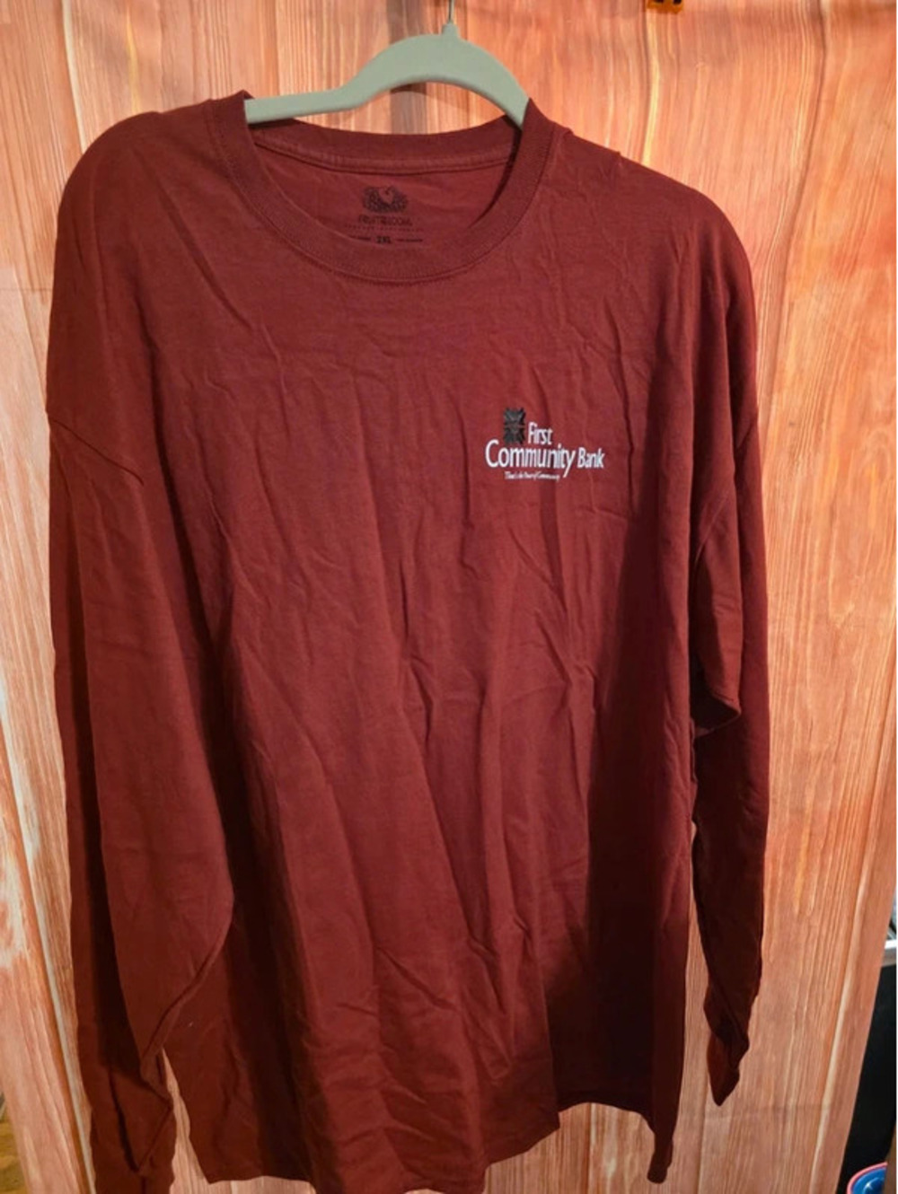 Fruit of the Loom Maroon Long Sleeve T-Shirt Cotton Crewneck Top 2XL